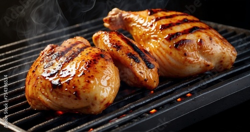 Illustrate an image of a chicken breast sizzling on a grilling surface, showcasing the ultra-realistic details of the cooking process. Capture the grill marks, the caramelization of juic-AI Generative photo