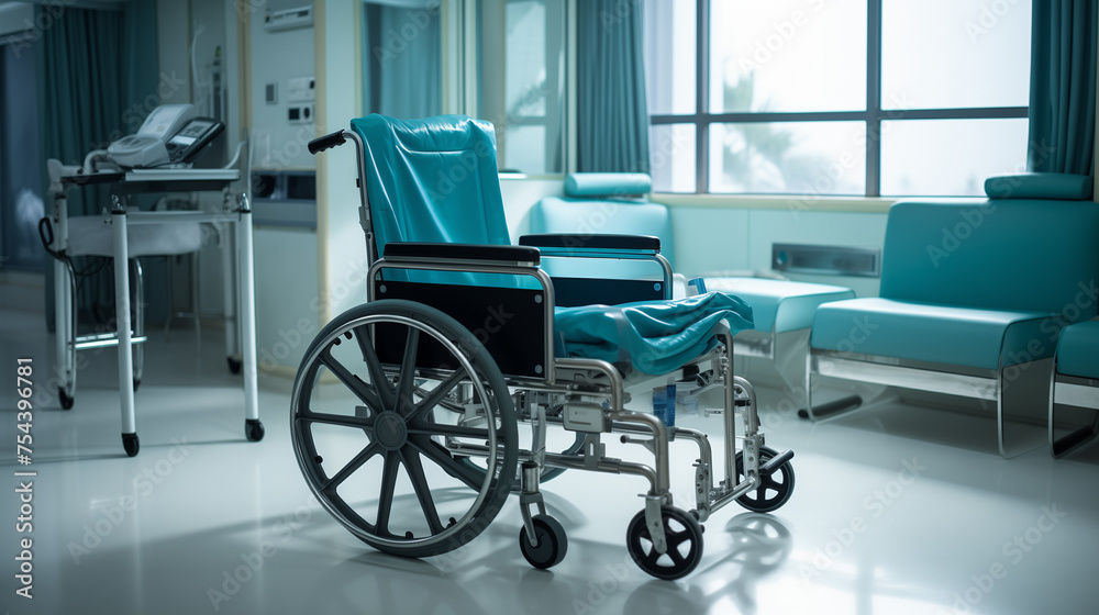 A Blue Wheelchair In A Modern Hospital Room