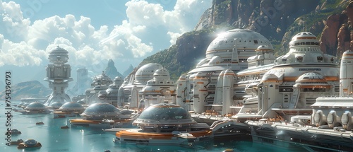 Imaginary illustration of a harbor full of futuristic ships, turquoise waters. In the background there were mountains and green trees in the distance. The sky is clear. There are some white clouds.