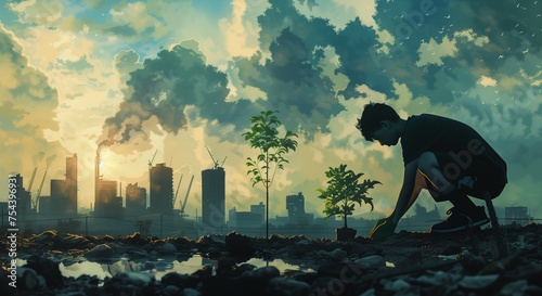 determined tree planting in urban chaos