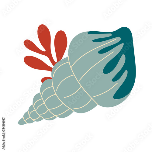 Seashell, mollusks spiral shell, underwater wildlife. Flat style
