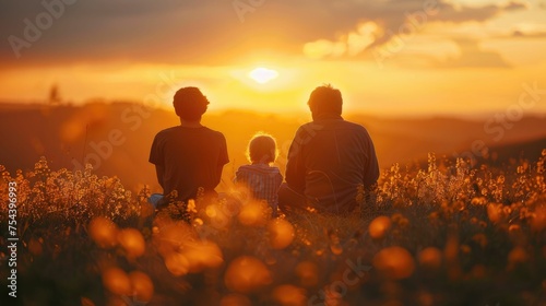 Father sits in a field with his two young sons, enjoying a beautiful sunset in the warm light of amber and light amber, creating a perfect family portrait image