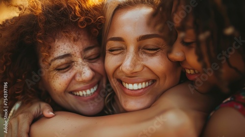 Fototapeta Naklejka Na Ścianę i Meble -  Three women are hugging each other and smiling. Scene is happy and warm. The women are likely friends or family members, and they are enjoying each other's company. The hug is a symbol of love