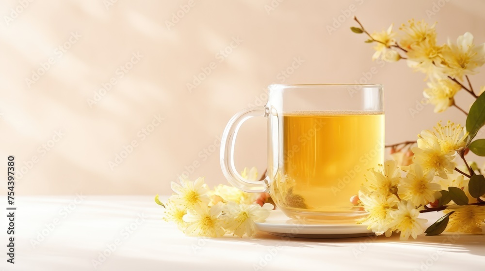 Herbal tea with flower buds next to it on a light background, close-up. The concept of medicinal drinks, alternative medicine. Herbal tea with flower buds next to it on a light background, close-up. The concept of medicinal drinks, alternative medicine.