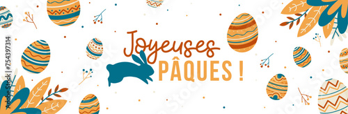 Joyeuses Pâques - Bannière autour de la fête de Pâques - Titre et illustrations présentant des œufs, lapins et éléments végétaux
