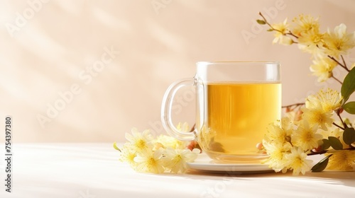 Herbal tea with flower buds next to it on a light background  close-up. The concept of medicinal drinks  alternative medicine.
