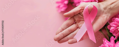 Pink ribbon with pink flowers in the background. The pink ribbon is a symbol of breast cancer awareness