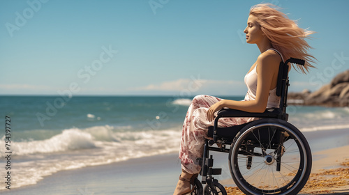 A Young Gorgeous Woman In A Wheelchair Is Admiring The Sea at Sandy Beach