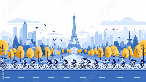 simple line art minimalist collage illustration with professional track racing cyclist on a track bike and Eiffel Tower in the background, olympic games, wide lens photo