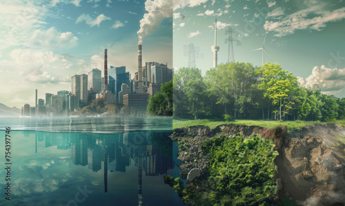 Two different scenes, one of a city with a large industrial area and the other of a forest with a river. The city scene is polluted and has a lot of smoke, while the forest scene is clean and green