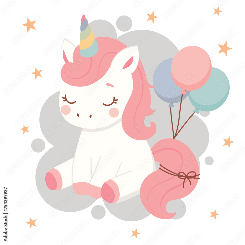 Cute unicorn sitting on the cloud. Birthday invitation or greeting card design. Flat style