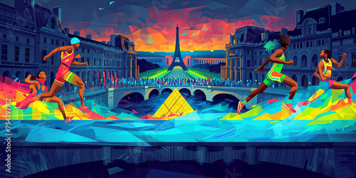 light bright saturated nona modern abstract illusstration with free space for text Step into the future at Paris 2024! A vibrant fusion unfolds: Parisian landmarks entwine with athletes in dynamic pos photo