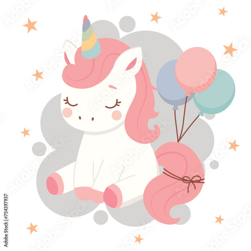 Cute unicorn sitting on the cloud. Birthday invitation or greeting card design. Flat style