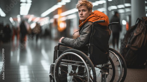 A Handicap Man in A Wheelchair Is Waiting For His Flight At The Airport Terminal