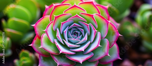 A macro view of a green succulent with a hot pink center and a tiny green center, surrounded by water with a soft pink sprout.