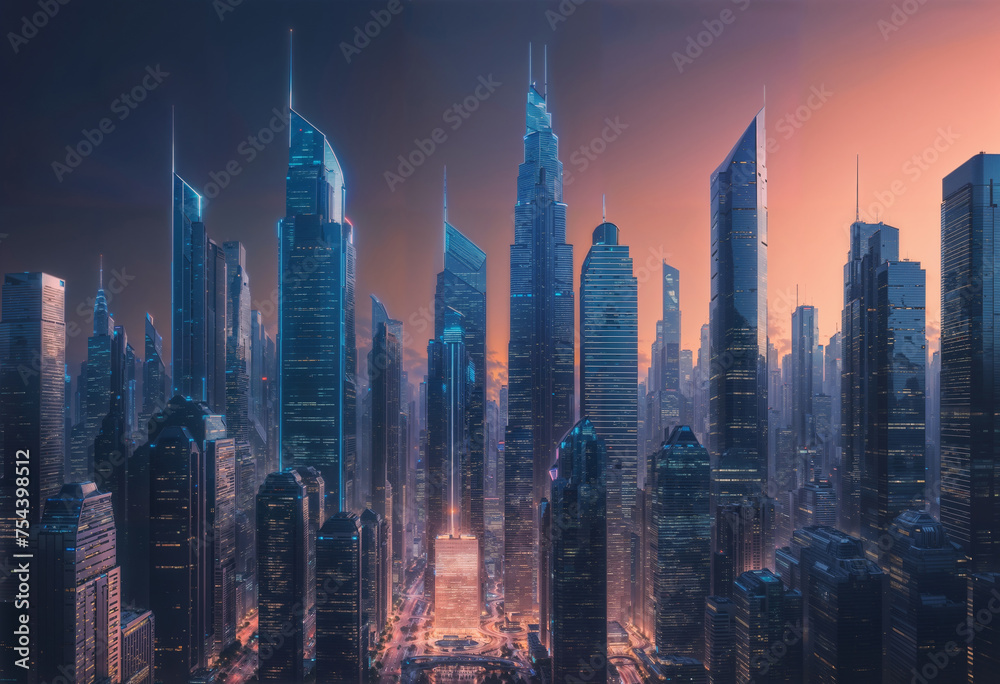 Futuristic city skyline view of downtown, commercial and financial center of modern megapolis. Modern buildings, urban architecture. construction and development in a city
