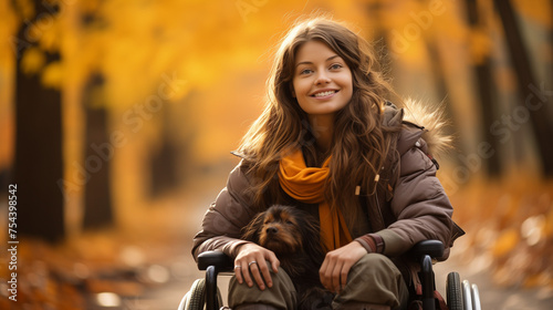 A Portrait Of A Girl In A Wheelchair With A Small Dog On Her Hands Enjoying Time In The Forest In Autumn