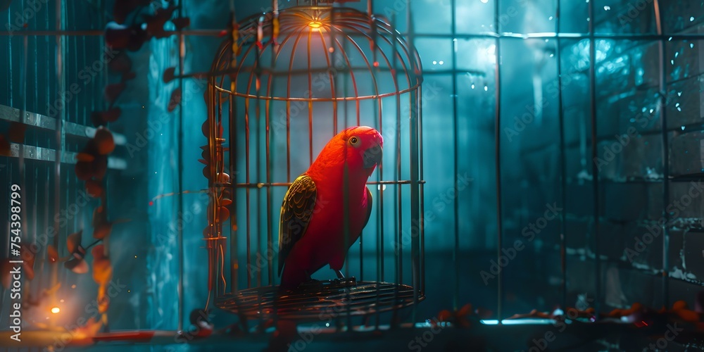 Captivating scarlet macaw perched solemnly in a misty cage. artistic and moody bird portrait emanating a vibe of contemplation and beauty. vivid colors set against a dreamy backdrop. AI - obrazy, fototapety, plakaty 