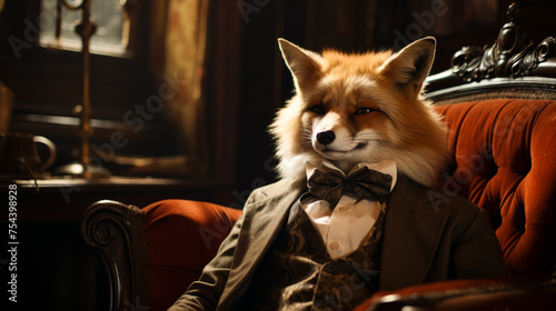 An elegant fox wears a designer trench coat, accessorized with a golden pocket watch and a silk ascot. The dark, opulent setting of a Victorian parlor sets the stage for its refined demeanor. Mood: di