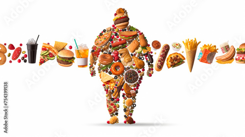inside the silhouette of an overweight man there are Burgers, fries, pizza slices, soda cups, ice cream cones, donuts, hot dogs, fried chicken pieces, nachos, tacos photo