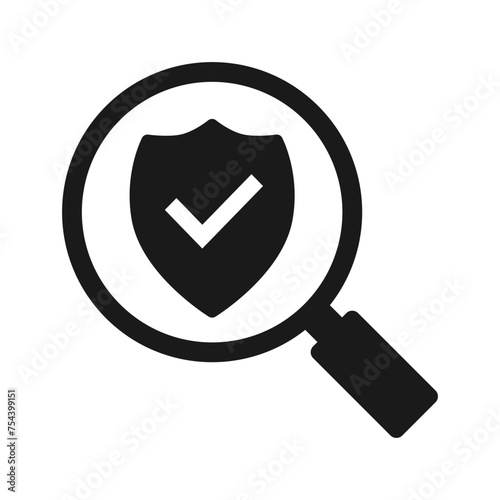 Magnifying glass icon with checkmark and shield. Illustration