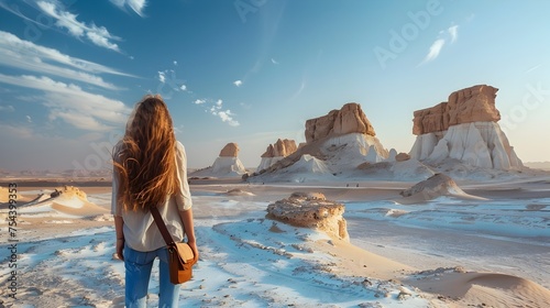 Woman Gazing at Desert Rocks in Scenic Landscape photo