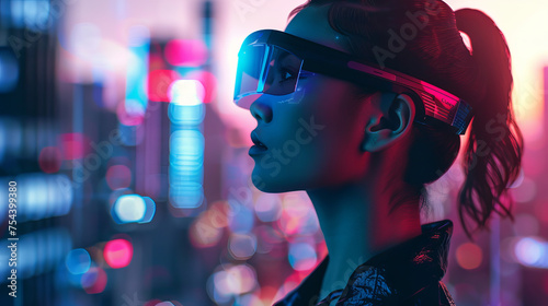 sleek wearable device, such as a futuristic smartwatch or augmented reality glasses, against a backdrop of futuristic cityscape