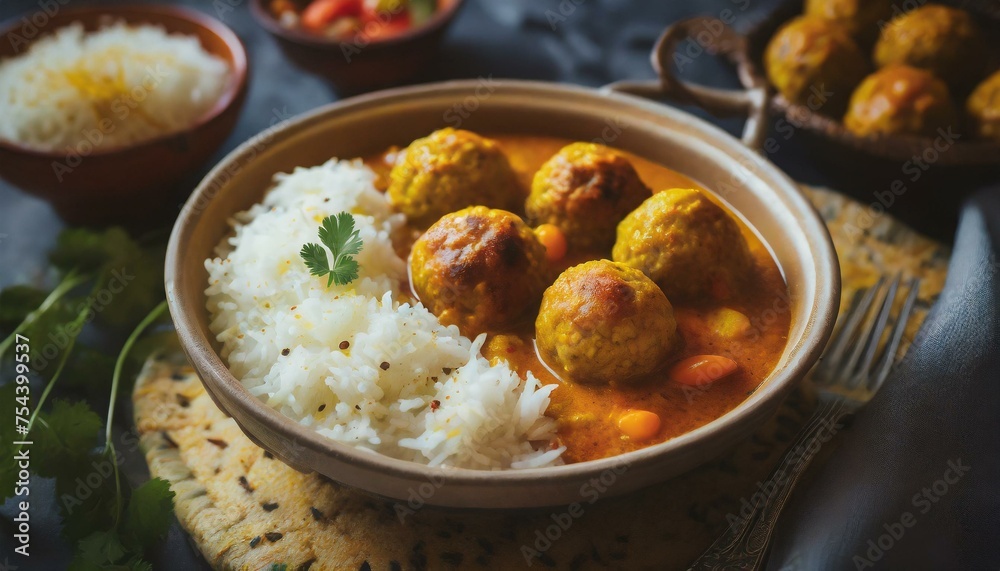 kofta top view - curry with meatballs and rice, vertical frame; tasty dinner or snack closeu kofta top view - curry with meatballs and rice, vertical frame; tasty dinner or snack closeu