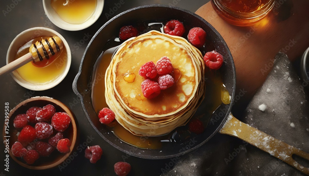 pancakes and fritters, honey and jam in a frying pan with fresh raspberries pancakes and fritters, honey and jam in a frying pan with fresh raspberries