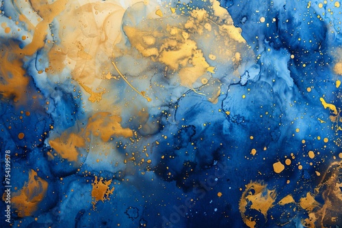 Abstract blue liquid watercolor background with golden lines. Pastel marble alcohol ink drawing . Generative AI © premyuda