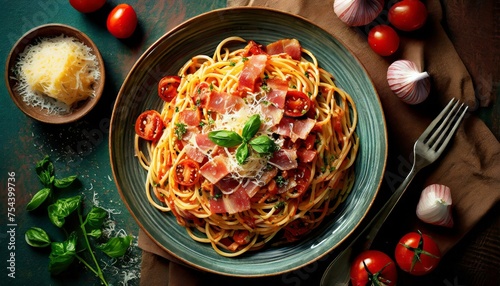Spaghetti alla Amatriciana with pancetta bacon  tomatoes and pecorino cheese