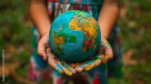Globe painted in vibrant blue and green strokes in a childs hands, symbolizing hope and care