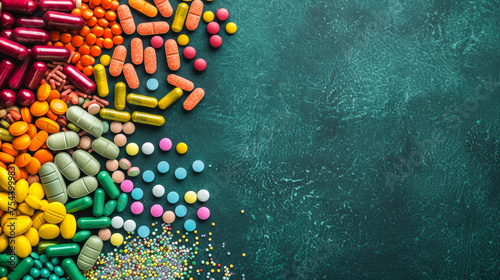 Top view: Medicines in vibrant hues, arranged neatly on a green backdrop, symbolizing health and healing