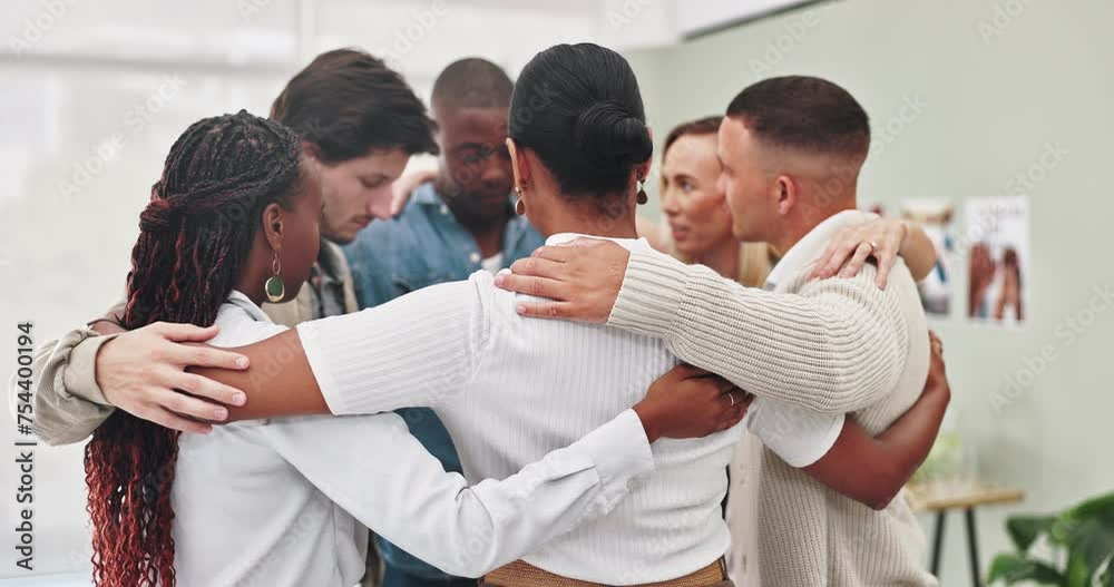 Group therapy, people and hug with support for mental health with kindness, solidarity and trust. Psychology, men and women together with embrace for connection for trauma recovery at consultation Group therapy, people and hug with support for mental health with kindness, solidarity and trust. Psychology, men and women together with embrace for connection for trauma recovery at consultation