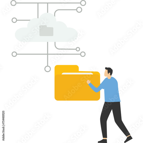 Internet hosting concept, online service for file management and digital information storage, Man placing folders in the cloud. web database, flat vector illustration