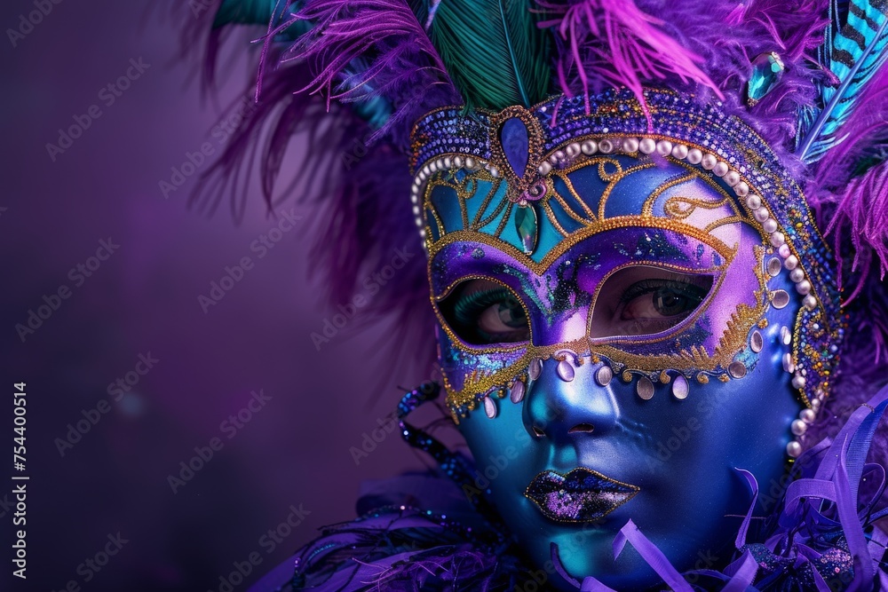 A close-up of a person donning a vibrant Mardi Gras mask, captivating with its mysterious design.