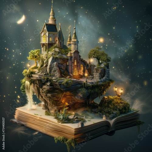 Happy World book day. Fantasy and literature concept. 3D style Illustration of magical book with fantasy stories inside it. The concept for World Book Day background with copy space.