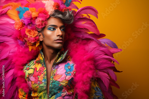 LGBTQ man exuding strength and beauty in his choice of attire, showcasing the vibrant spectrum of gender identities and celebrating individuality