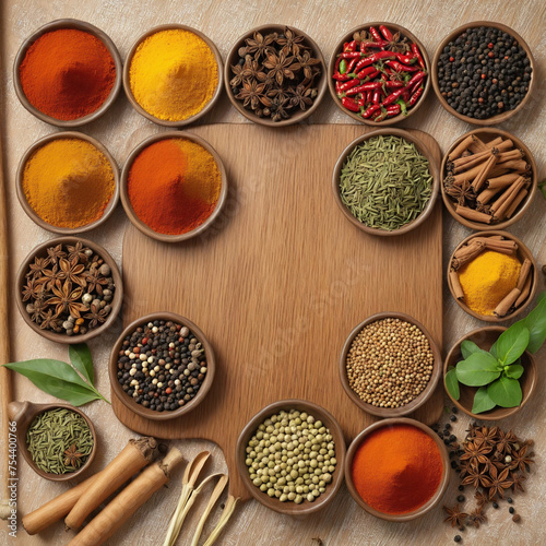 Different indian spices in a round wooden board