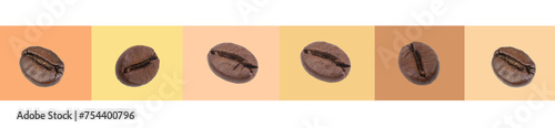 Coffee beans against a background of shades of brown, beige, yellow. Simple flat design. banner, collage.