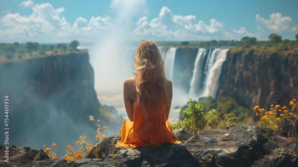 African Inspired Dreamlike Portrait of a Woman Overlooking Victoria Falls