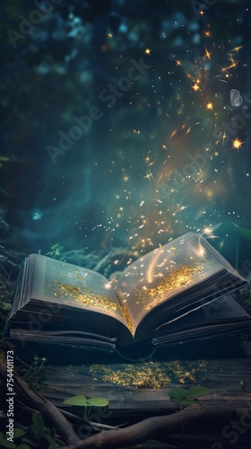 Happy World book day. Fantasy and literature concept. 3D style Illustration of magical book with fantasy stories inside it. The concept for World Book Day background with copy space.