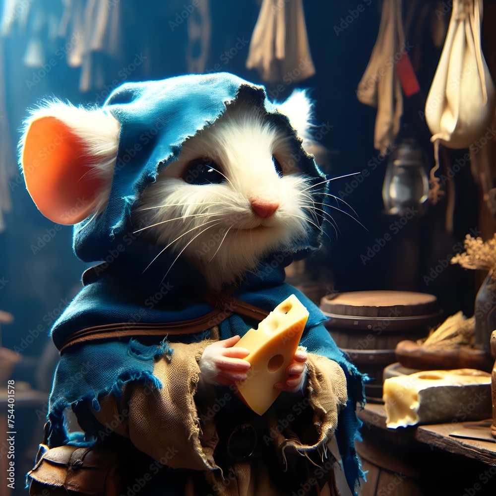 Weiße Maus in blauem zerfledderten Kapuzenmantel trägt ein Käsestück, Phantasyfilm - obrazy, fototapety, plakaty 