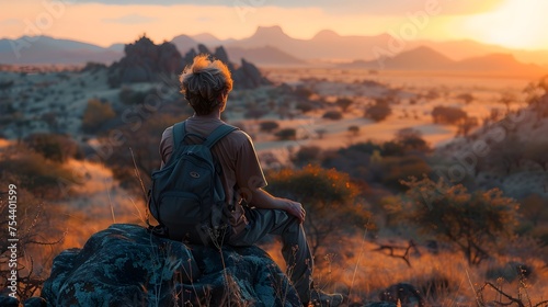 Young Man Overlooking Desert at Sunset in African Influence Style