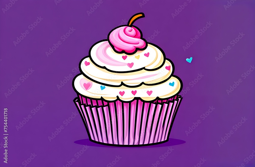 Cupcake with white cream and cherry on purple plain background Cupcake with white cream and cherry on purple plain background