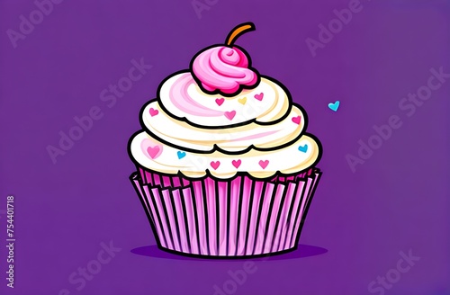 Cupcake with white cream and cherry on purple plain background