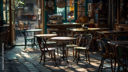 Cozy vintage cafe interior illuminated by morning light. empty tables awaiting guests. rustic charm meets urban setting in this inviting space. casual dining atmosphere captured in still life. AI © Irina Ukrainets