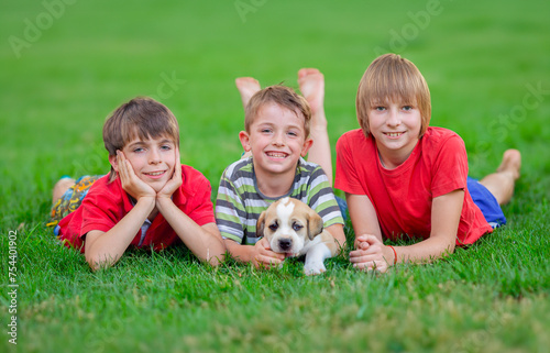 Group of children with a puppy on the grass in the yard