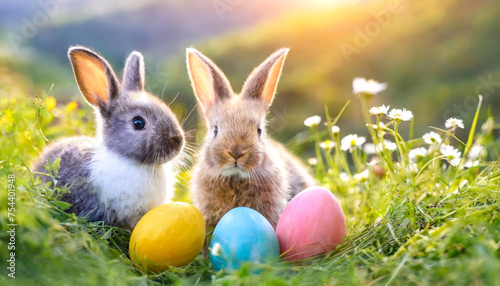 Very young bunnies sitting outside on a meadow at Easter