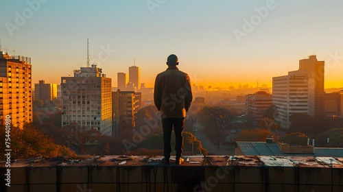 Man on Rooftop Overlooking City at Sunset with African Influence © vanilnilnilla